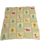 Vintage Crochet Baby Blanket Yellow Pink Blue Animals Cross Stitch 30X36... - $19.75