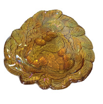 Vintage Indiana Carnival Glass Candy Dish Loganberry Leaves Amber Marigold - £19.54 GBP