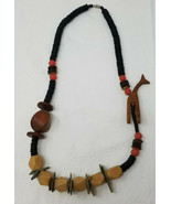 Wooden Giraffe Necklace 24&quot; Spheres Geometric Shapes Red Black Vintage H... - £14.96 GBP