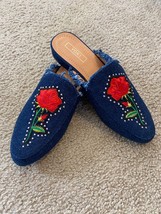 New Yoki Willas Embroidered Mules Dark Denim Frayed Shoes Women Size 9 - £25.19 GBP