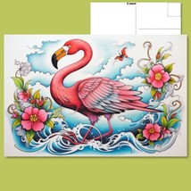  Pink Flamingo Standing in the Water Amidst Blossoming Flowers Postcard - £4.73 GBP
