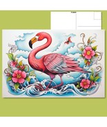  Pink Flamingo Standing in the Water Amidst Blossoming Flowers Postcard - £4.73 GBP