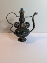 VINTAGE ASIAN CHINESE DRAGON BUTTERFLY TEA POT SILVER METAL GREEN STONE - $67.80 CAD