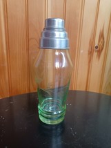 Vtg Uranium Green Glass Cocktail Shaker 9&quot; Etched Flower Design Metal Top - $395.99