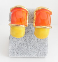 Vintage 1980s Half Hoop Clip on Earrings Fun Funky Orange Yellow Gold Colors - £6.37 GBP