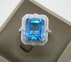 4Ct Emerald Simulated Blue Topaz & Diamond Engagement Ring 14K White Gold Plated - £116.08 GBP