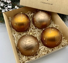 Set of 4 gold Christmas glass balls, hand painted ornaments with gifted box - £44.82 GBP