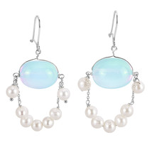 Lustrous Moonstones with Hanging White Pearls Chandelier Dangle Earrings - £14.94 GBP