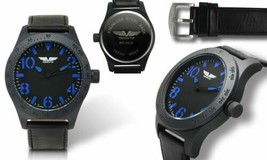 NEW Deporte 9909 Men&#39;s MONDELLO Blue Accent Black Dial Black Leather Strap Watch - £31.61 GBP