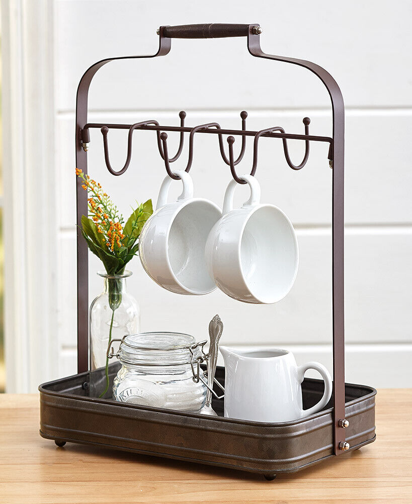 Primary image for Farmhouse Coffee Cup Mug Rack Holder with Tray Organizer Hooks Storage Kitchen