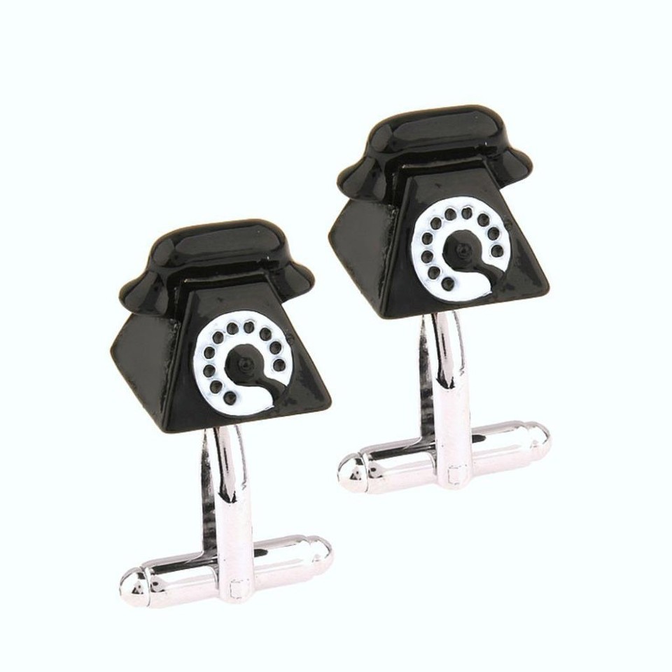 TELEPHONE CUFFLINKS Old School Rotary Phone Black White Enamel NEW w GIF... - $11.95