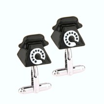 TELEPHONE CUFFLINKS Old School Rotary Phone Black White Enamel NEW w GIF... - $11.95