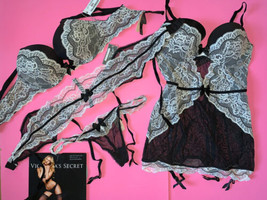 Victoria&#39;s Secret 34C Bra Set+Garter Slip Corset Dress Black White Fashon Show - $299.99