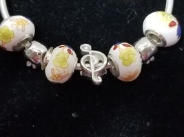 Music Apples Multicolor Floral Glass Bead Silvertone Bangle Bracelet     V2 - £7.79 GBP