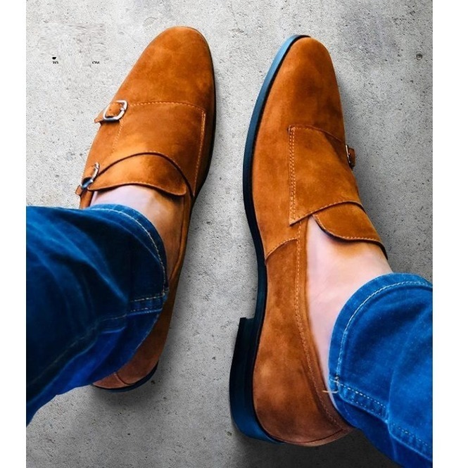 Handmade Men's Casual Shoes, Men's TanBrown Suede Double Monk Strap CapToe Shoes
