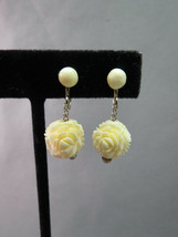 Earrings Carved Flower Rose Bead Dangle Stone 1&quot; Long Silver Tone Screw ... - £14.89 GBP