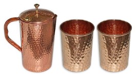 Pure Copper Water  Hammered Jug Pitcher Tumbler  Ayurveda 1500 +300ml - £26.68 GBP