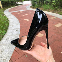Tikicup Black Glossy Women Patent Spikes Pointed Toe Super High Heel Shoes Sexy  - £63.55 GBP