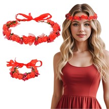 Floral Crown Wrist Bands Set Women Vintage Red Rose Flower Wreath Headbands Fair - £25.04 GBP