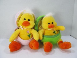 Lot of 2 Yellow Chicks Ducks In Zip Up Eggs Plush Easter Farm 8&quot; Green Pink - $16.83