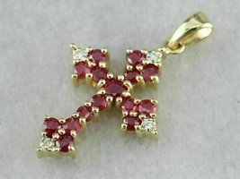 1.50Ct Round Simulated Ruby &amp; Diamond Cross Pendant W/18&quot; 14k Yellow Gold Plated - £105.16 GBP