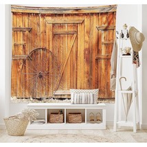 Western Tapestry, West Rural Town Rustic Weathered Wooden Wall Door Wagon Wheel  - £31.26 GBP