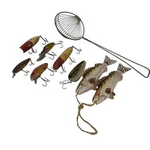 Wooden Fishing Lures And Wire Ice Fishing Scoop Vintage Set - £21.03 GBP