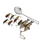 Wooden Fishing Lures And Wire Ice Fishing Scoop Vintage Set - £22.43 GBP