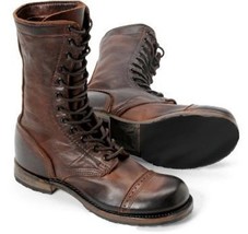 Commando&#39;s Distressed Brown Lace Up Combat Long High Leather Ankle Boots For Men - £199.58 GBP