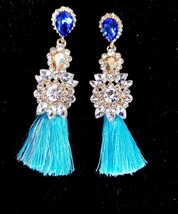 Blue Tassel Drop Earrings, Bridesmaid Rhinestone Earrings, 2.8 Inch Pageant Jewe - £27.63 GBP