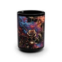 Steampunk Flaming Rose Chains Gears Black Mug 15oz Coffee Cup Free Shipping - $24.28