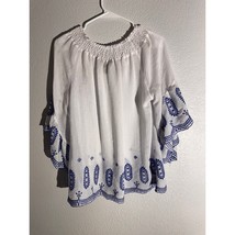 Multiples White &amp; Blue Embroidered Peasant Blouse – Size Small - $16.83