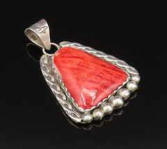 NAVAJO 925 Silver - Vintage Beaded &amp; Twisted Edge Coral Drop Pendant - P... - £118.13 GBP