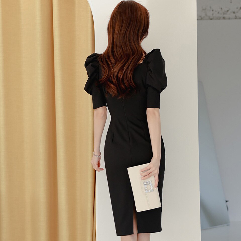 Simple V-Neck Puff Sleeve High Waist Tight Elegant Party Dress Item image 7