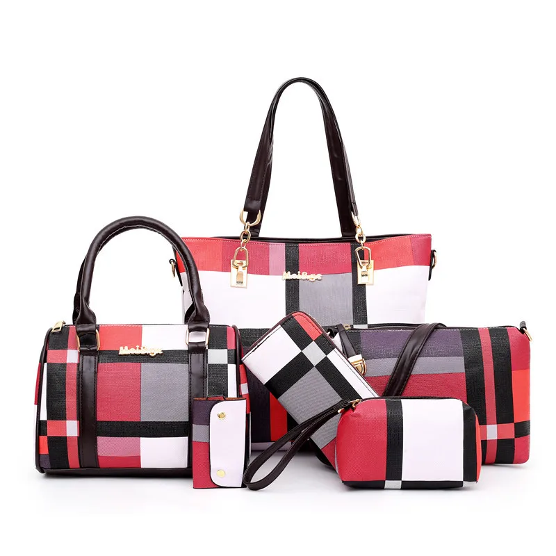 Play New Fashion Luxury Handbags New 6 PCS Set Women Plaid Colors Handbag Female - £45.87 GBP