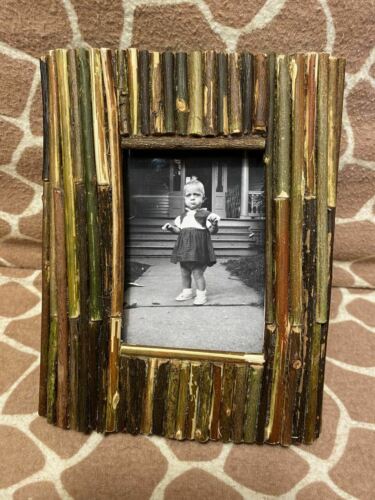 Primary image for Handmade Whimsical Wood Twig Picture Frame with Vintage 1950s Photo Baby Girl
