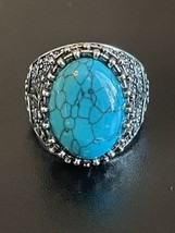 Large Turquoise Stone S925 Stamped Silver Plated Woman Ring Size 9 - £14.33 GBP