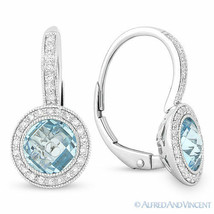 3.35 ct Blue Topaz Gem Round Diamond Leverback Dangling Earrings 14k White Gold - £640.22 GBP