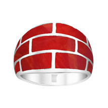 Modern Brick Blocks of Reconstructed Red Coral Inlay Sterling Silver Ring - 8 - £23.48 GBP
