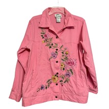 Quacker Factory Womens Denim Jacket Pink Large Cotton Embroidered Floral Button - £27.17 GBP