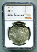 1922 PEACE SILVER DOLLAR NGC MS63 NICE ORIGINAL COIN FROM BOBS COINS FAS... - $69.00