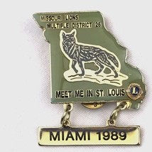 Lions Club Vintage Pin Miami 1989 Missouri State Shape Wolf Green Gold Tone - £9.89 GBP