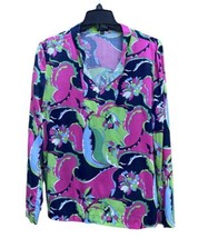 Talbots Womens 12 Mod Floral Tunic Blouse V-neck Bright Purple Green Long Sleeve - £17.92 GBP