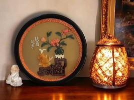 Decorative Wall Plaque, Chinese, Faux Jade, Coral, Round Vntg, Gold Fish... - $22.49