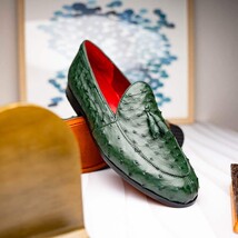 Aubiere Genuine Ostrich Quill Tassel Loafers Shoes Forest Green image 14