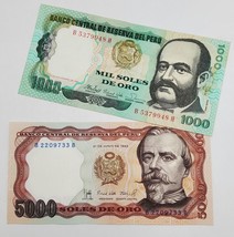 PERU BANKNOTES PAIR, 1000 SOLES 1981 P-122 &amp; 5000 SOLES 1985 P-117c UNC - $4.45