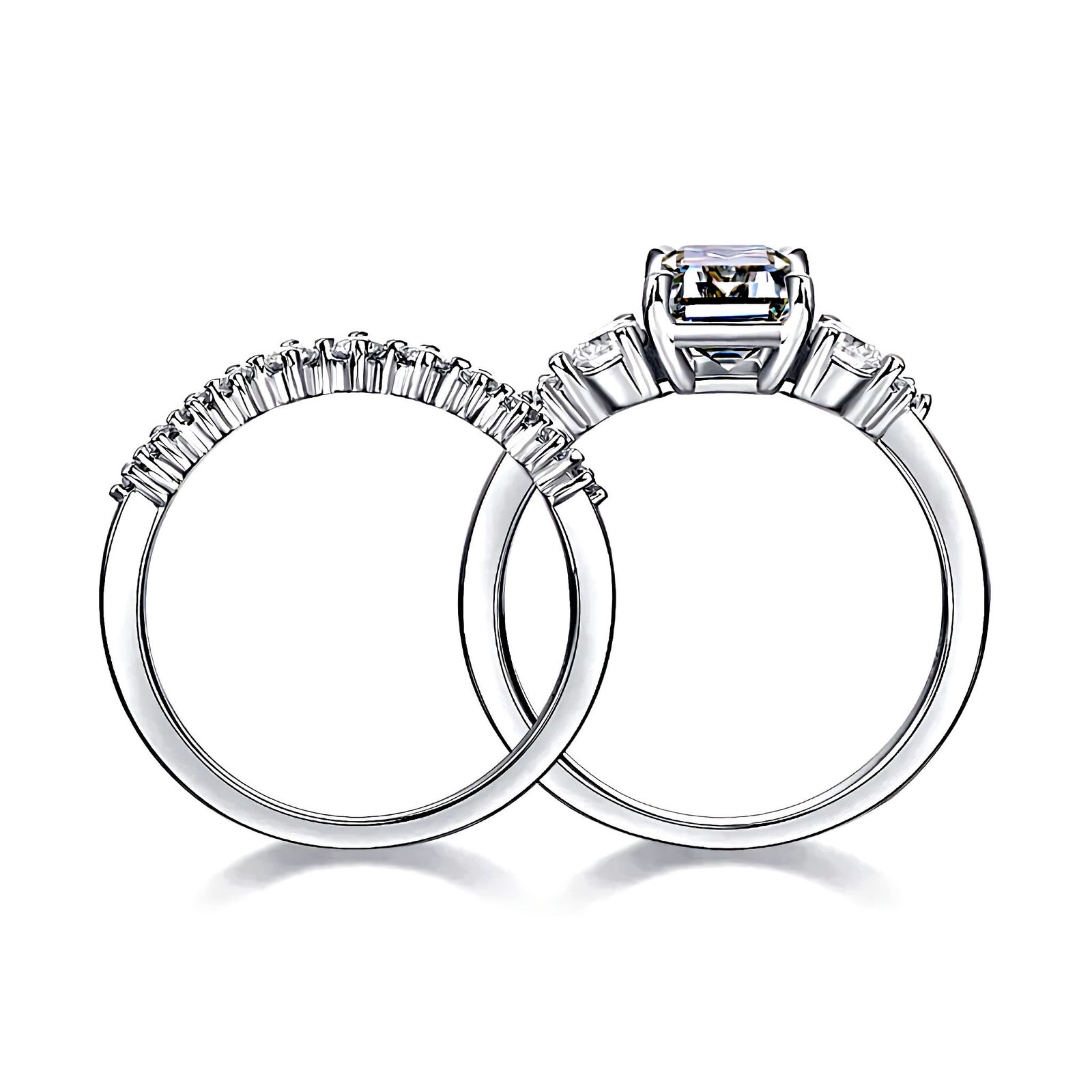 Sterling Silver Rings Set (2 pcs), Emerald Cut 2 Carat Moissanite Gemstone
