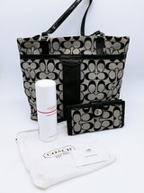 Coach Signature Stripe Large Tote Bag Shoulder Bag F28504 Black Gray with Wallet - $79.95