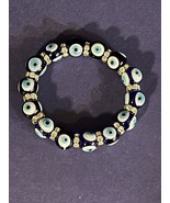 Evil Eye Bracelet Glass Bead Stretch Blue White Light Blue Rhinestone Si... - $11.29