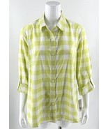 Zac &amp; Rachel Top Plus Size 1X Lime Green White Checkered Roll Tab Sleeve... - £19.78 GBP